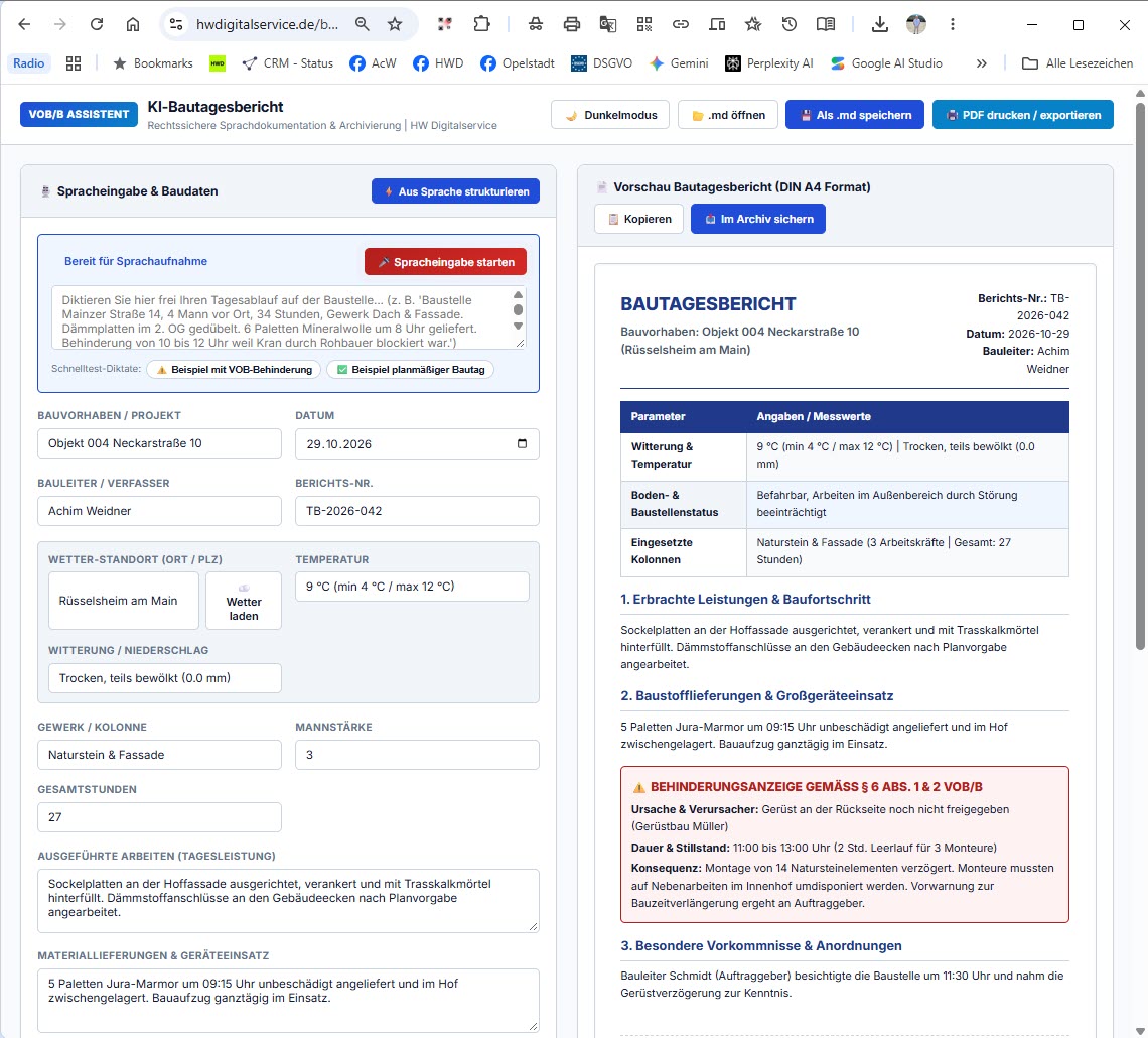 Prototyp eines digitalen Bautagesberichts: Links freie Spracheingabe und Notizen, rechts geordnete Formularstruktur