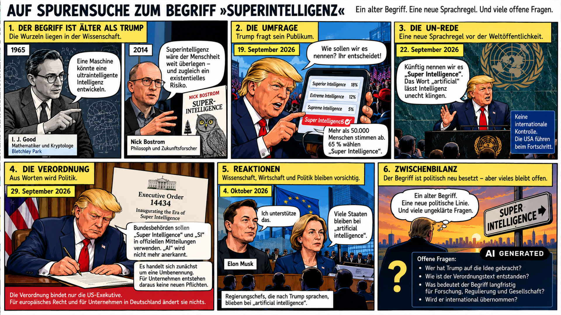Infografik: Auf Spurensuche zum Begriff »Superintelligenz« – Chronologie von I. J. Good (1965) über Nick Bostrom (2014) bis zu Donald Trumps Executive Order 14434