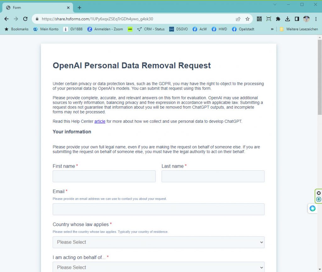 OpenAI Personal Data Removal Request
