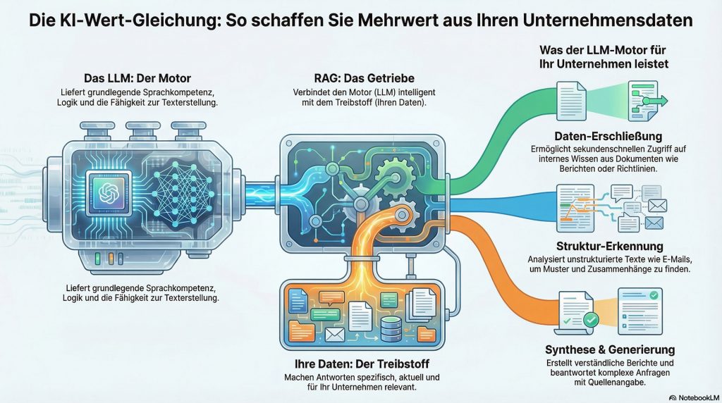 Wert der KI ≈ LLM (Motor mit Weltwissen) + RAG (Getriebe) + Hochwertiger Unternehmensdaten als Domain oder Fachwissen