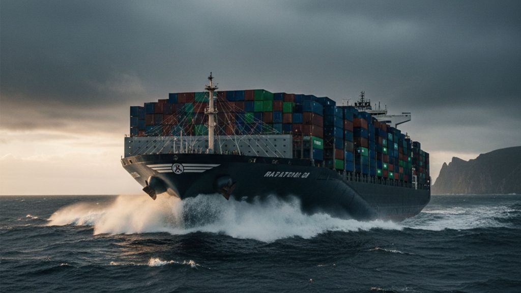 "Containerschiff vor Klippen". Erstellt mit Nano Banana auf der Basis des Textes